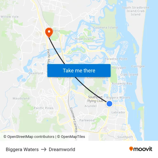 Biggera Waters to Dreamworld map