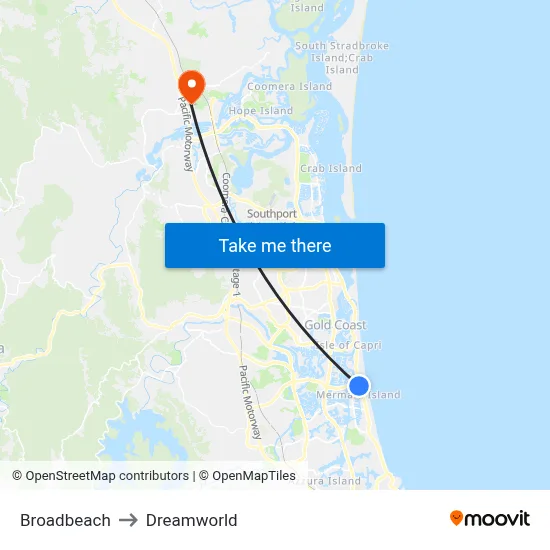 Broadbeach to Dreamworld map