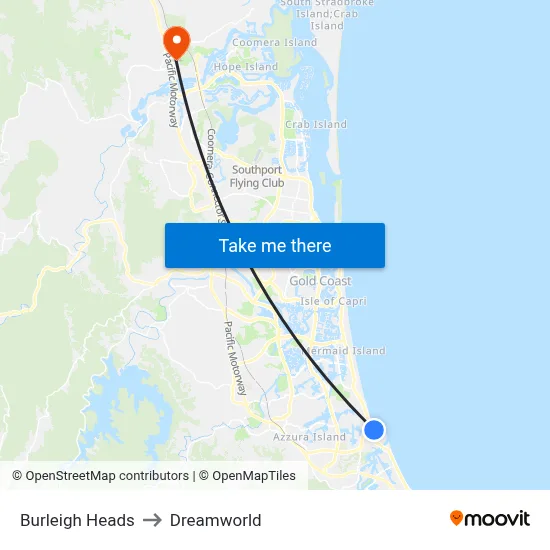 Burleigh Heads to Dreamworld map