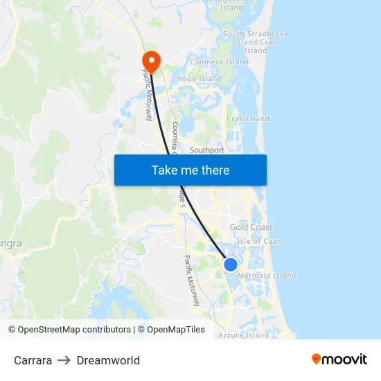 Carrara to Dreamworld map