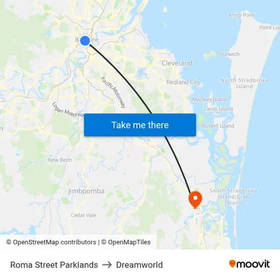 Roma Street Parklands to Dreamworld map