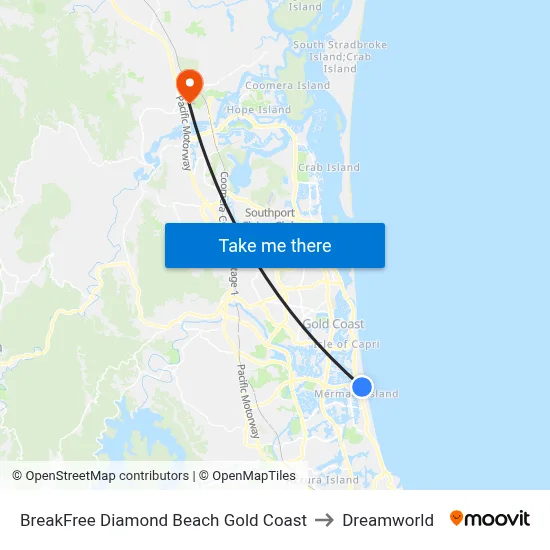 BreakFree Diamond Beach Gold Coast to Dreamworld map