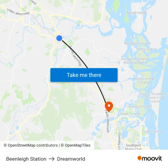 Beenleigh Station to Dreamworld map