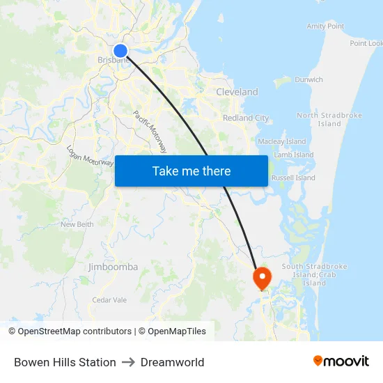 Bowen Hills Station to Dreamworld map