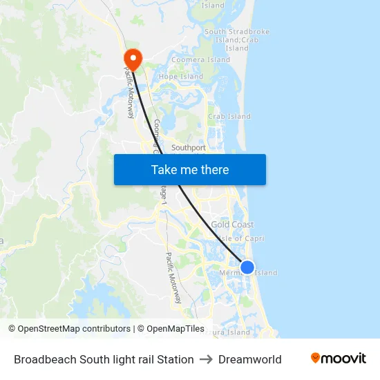 Broadbeach South light rail Station to Dreamworld map