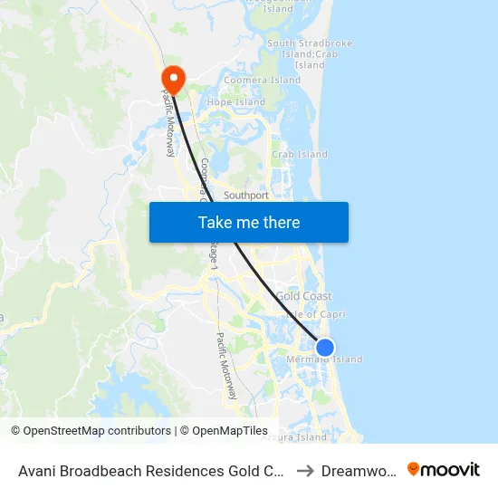 Avani Broadbeach Residences Gold Coast to Dreamworld map