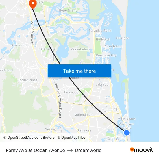 Ferny Ave at Ocean Avenue to Dreamworld map