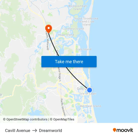 Cavill Avenue to Dreamworld map