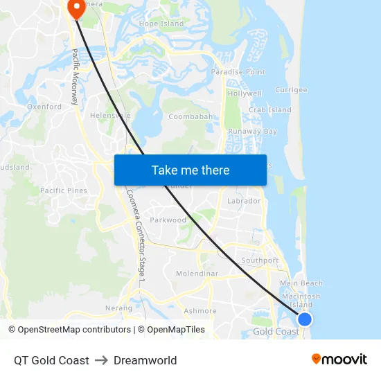 QT Gold Coast to Dreamworld map