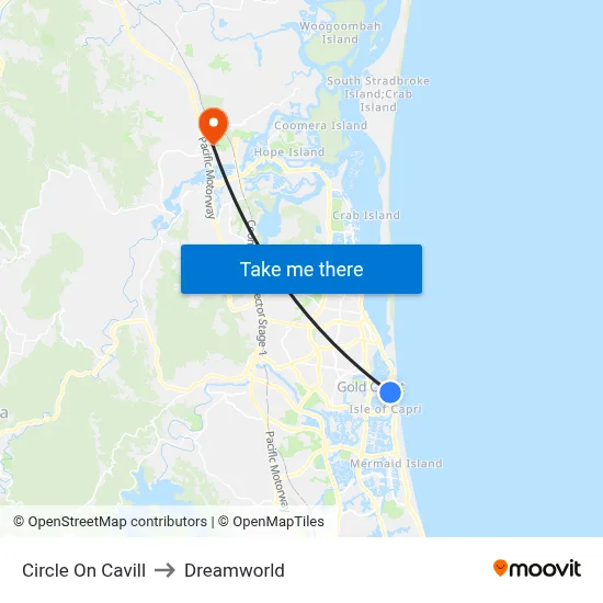 Circle On Cavill to Dreamworld map