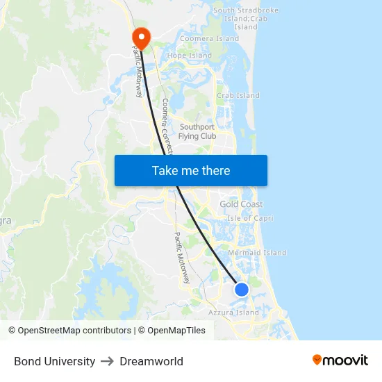 Bond University to Dreamworld map
