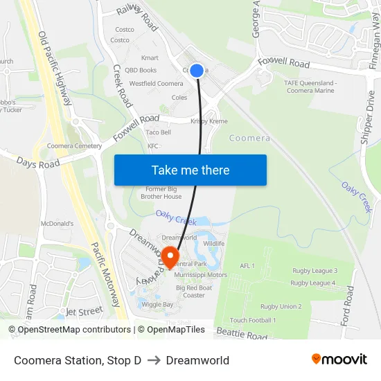 Coomera Station, Stop D to Dreamworld map
