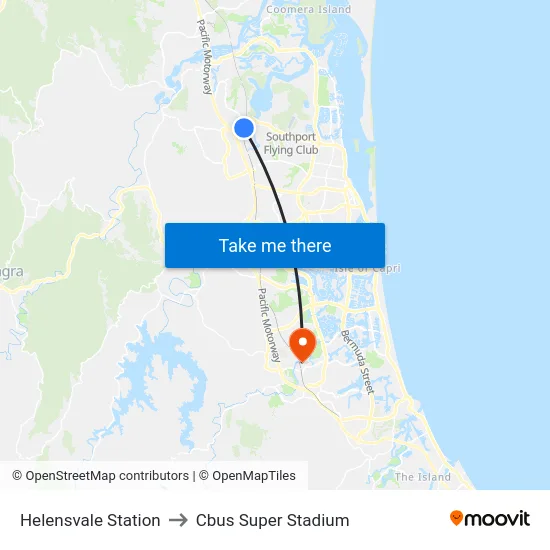 Helensvale Station to Cbus Super Stadium map