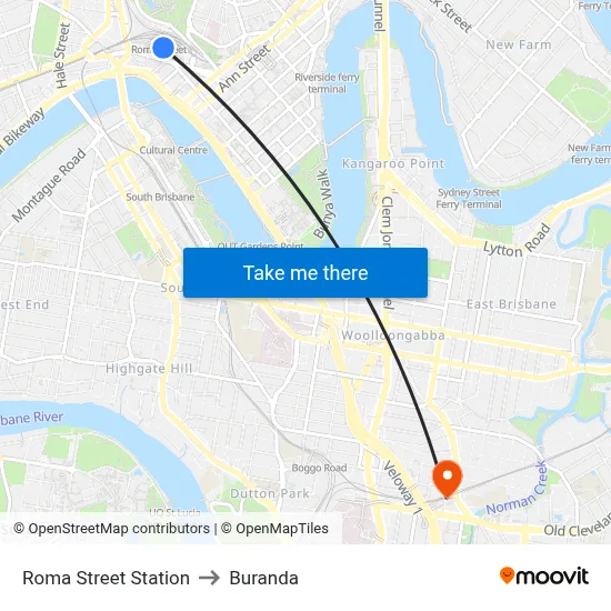 Roma Street Station to Buranda map