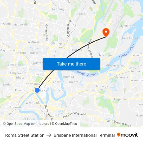Roma Street Station to Brisbane International Terminal map