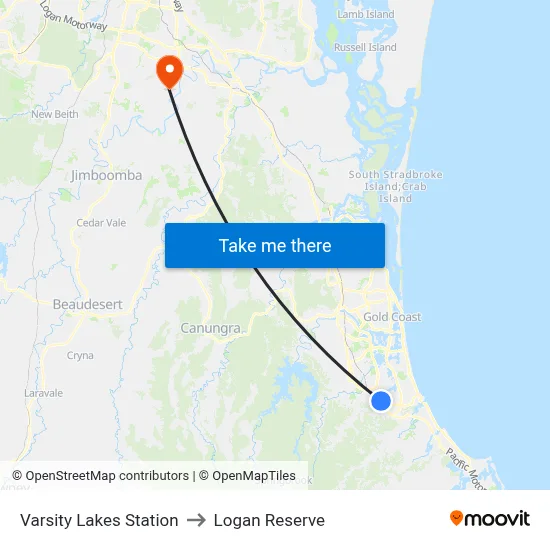Varsity Lakes Station to Logan Reserve map