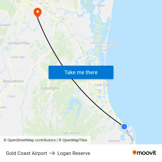 Gold Coast Airport to Logan Reserve map