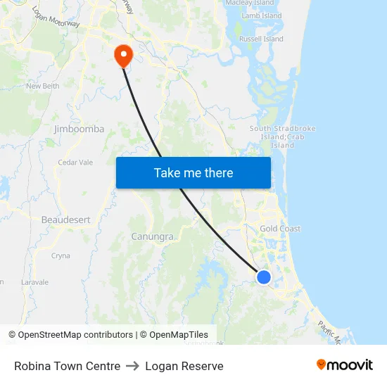 Robina Town Centre to Logan Reserve map