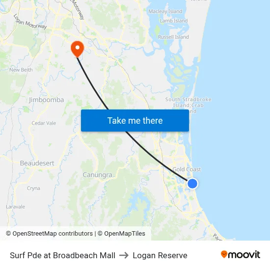 Surf Pde at Broadbeach Mall to Logan Reserve map
