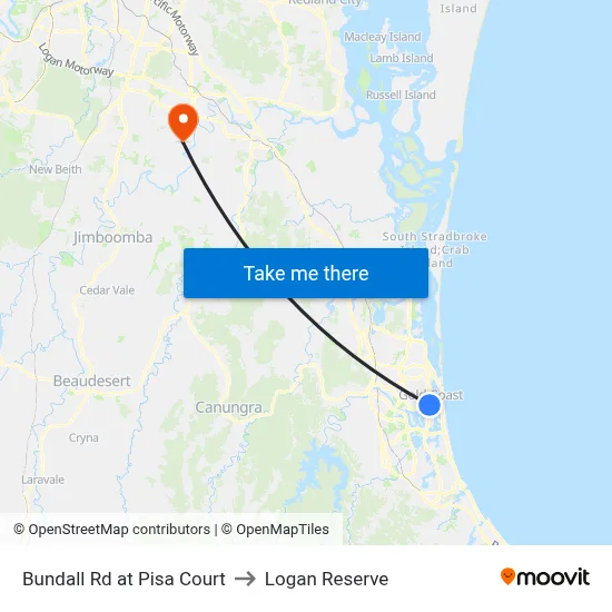 Bundall Rd at Pisa Court to Logan Reserve map