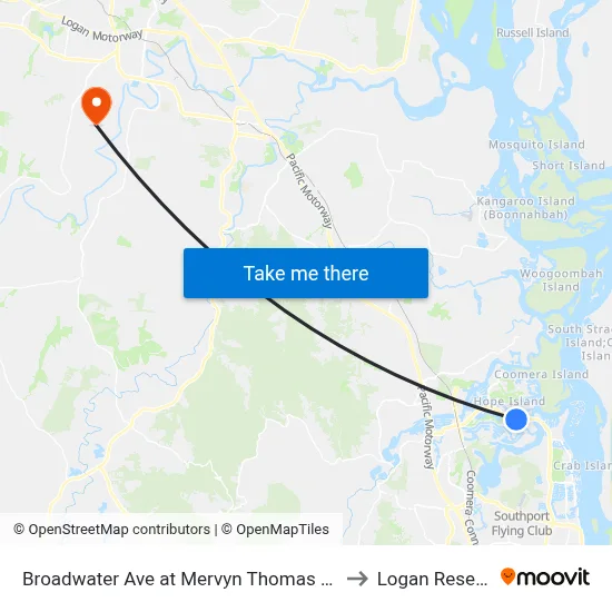 Broadwater Ave at Mervyn Thomas Drive to Logan Reserve map