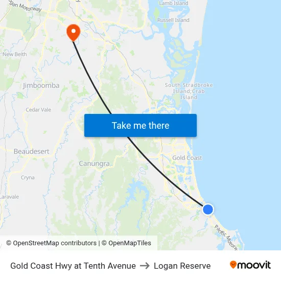 Gold Coast Hwy at Tenth Avenue to Logan Reserve map