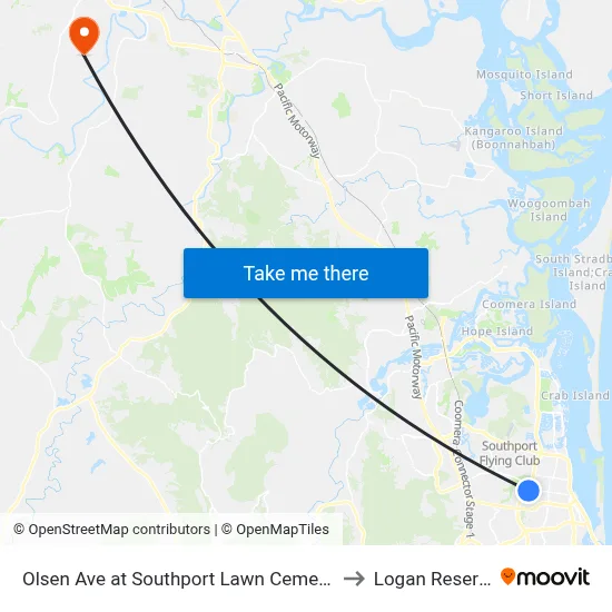 Olsen Ave at Southport Lawn Cemetery to Logan Reserve map