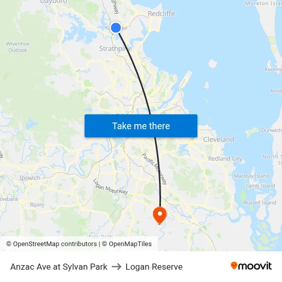 Anzac Ave at Sylvan Park to Logan Reserve map