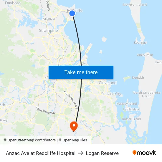 Anzac Ave at Redcliffe Hospital to Logan Reserve map