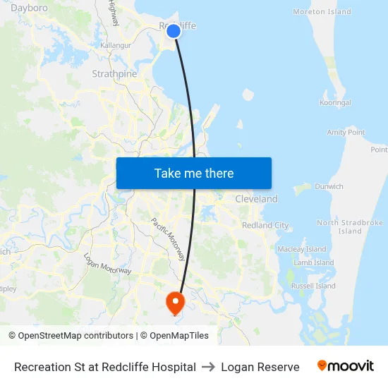 Recreation St at Redcliffe Hospital to Logan Reserve map