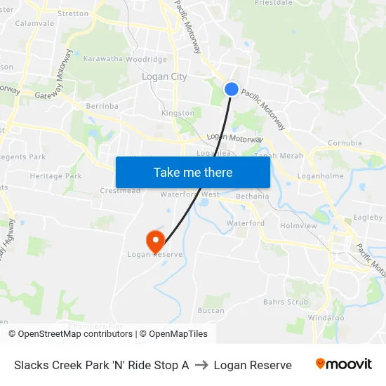 Slacks Creek Park 'N' Ride Stop A to Logan Reserve map