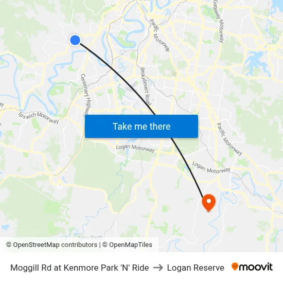 Moggill Rd at Kenmore Park 'N' Ride to Logan Reserve map