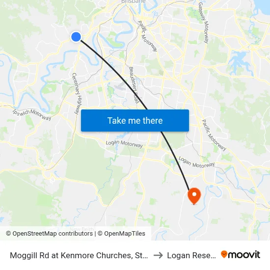 Moggill Rd at Kenmore Churches, Stop 35 to Logan Reserve map