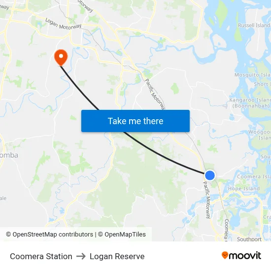 Coomera Station to Logan Reserve map