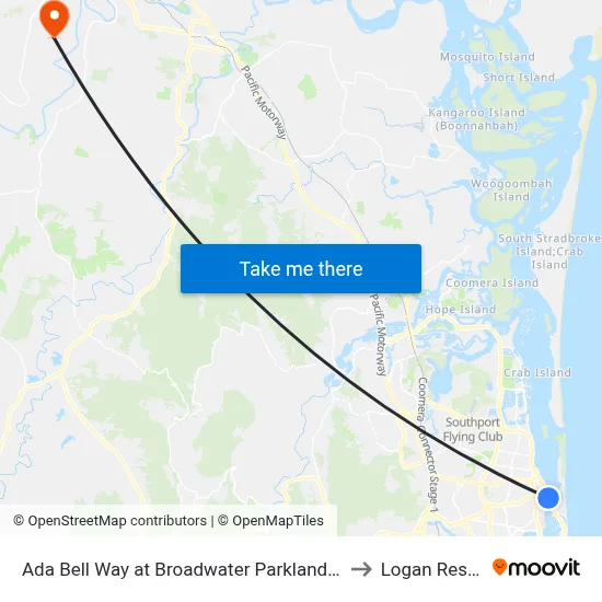 Ada Bell Way at Broadwater Parklands Station to Logan Reserve map