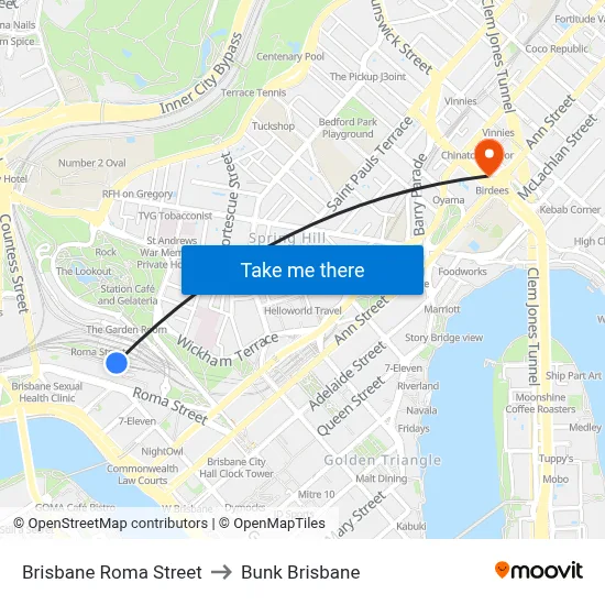 Brisbane Roma Street to Bunk Brisbane map