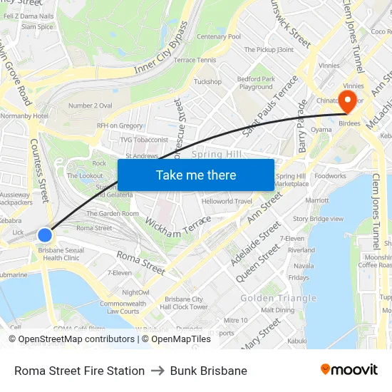 Roma Street Fire Station to Bunk Brisbane map