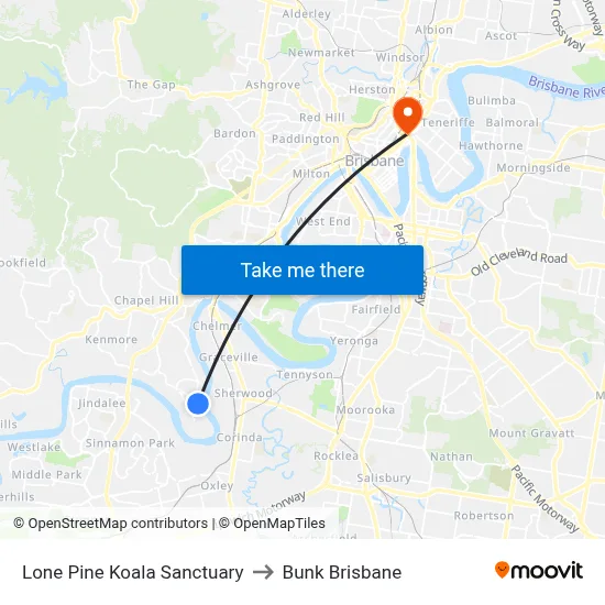 Lone Pine Koala Sanctuary to Bunk Brisbane map