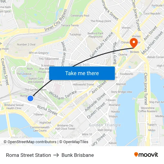 Roma Street Station to Bunk Brisbane map