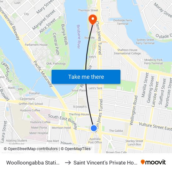 Woolloongabba Station, Platform 2 to Saint Vincent's Private Hospital Brisbane map