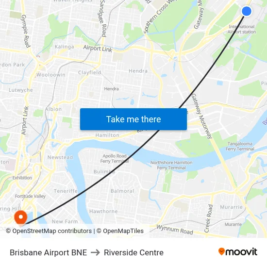 Brisbane Airport BNE to Riverside Centre map