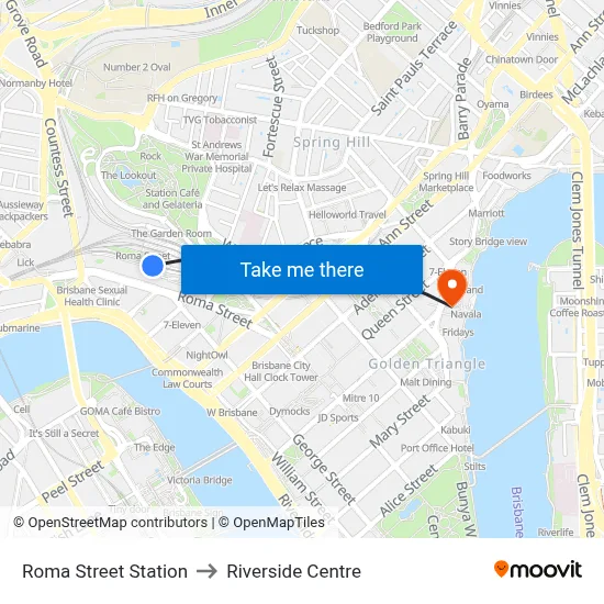 Roma Street Station to Riverside Centre map