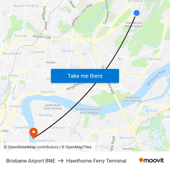 Brisbane Airport BNE to Hawthorne Ferry Terminal map