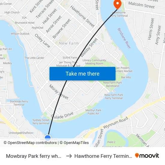 Mowbray Park ferry wharf to Hawthorne Ferry Terminal map