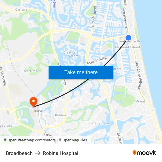 Broadbeach to Robina Hospital map