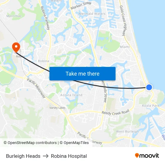 Burleigh Heads to Robina Hospital map