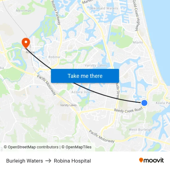 Burleigh Waters to Robina Hospital map