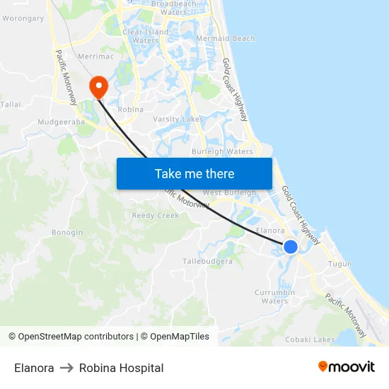 Elanora to Robina Hospital map