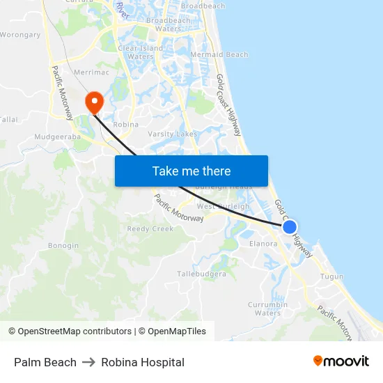 Palm Beach to Robina Hospital map