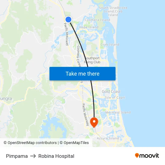 Pimpama to Robina Hospital map